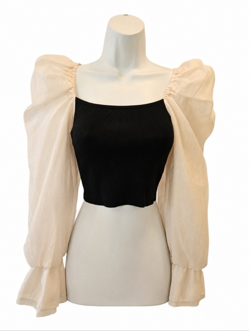 Miou Muse Puff Sleeve Contrast Crop Top Size Small Black Cream Cottagecore